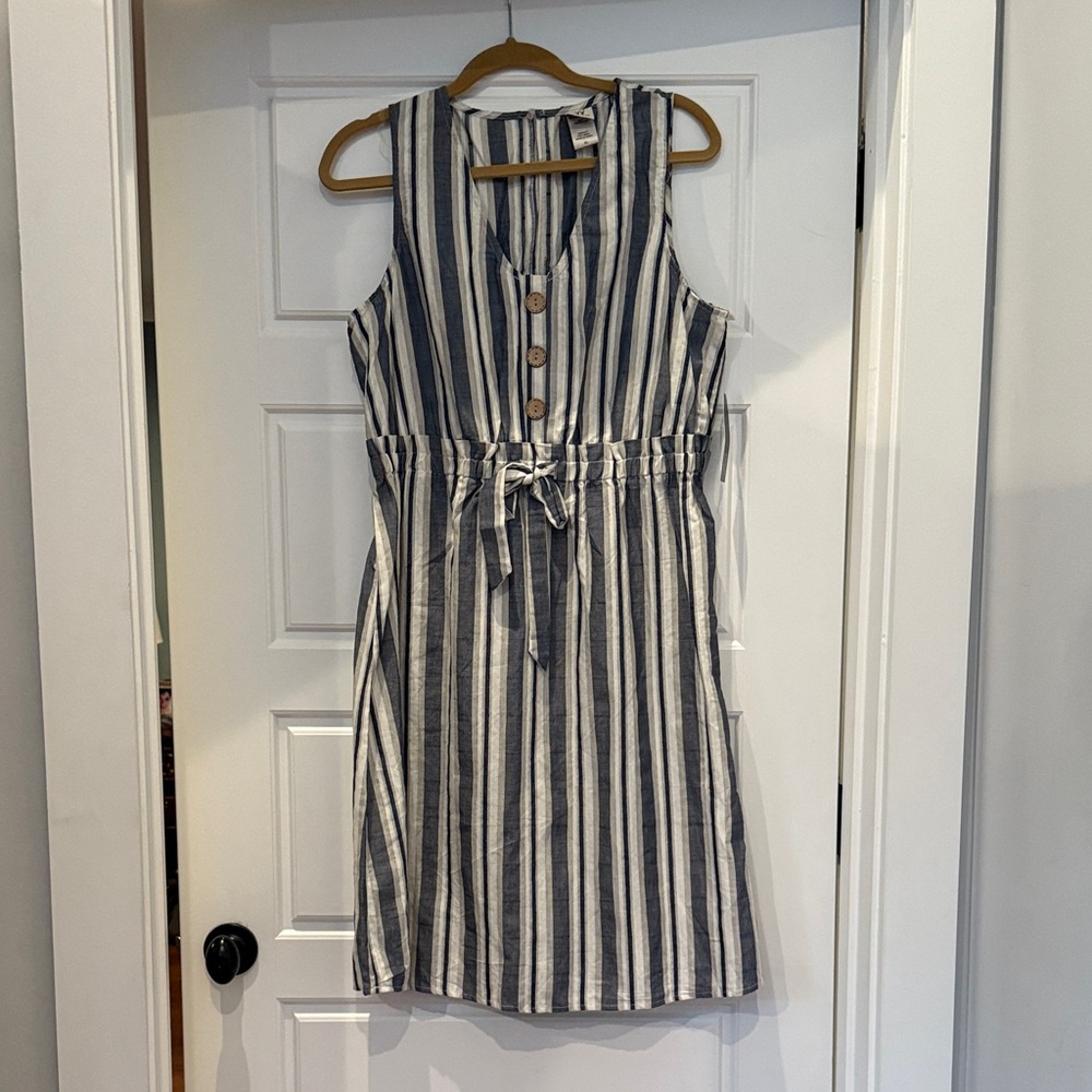 Navy and White Striped Mid-length Dress